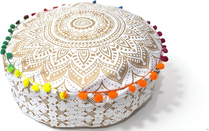 INDIAN CRAFT CASTLE ICC Mandala Barmeri Large Floor Pillow Cover Cushion Meditation Seating Ottoman Throw Cover Hippie Decorative Zipped Bohemian Pouf Ottoman Cases White Gold, 24" Round - Bloomnest