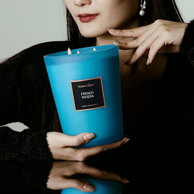 HomeLights Scented Candles | Large Jar Candle - 33.3 Oz. Natural Soy Aromatherapy Candles | Up to 130 Hours Burn Time with 3 Cotton Wicks,Home Decorative Fragrance Candles Gift - French Riviera - Bloomnest