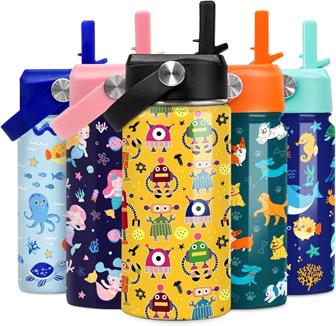 Kids Water Bottle with Straw Robot Insulated Water Bottles 12oz Stainless Steel Travel School Tumbler Double Wall Vacuum Cup for Boys Kid - Bloomnest