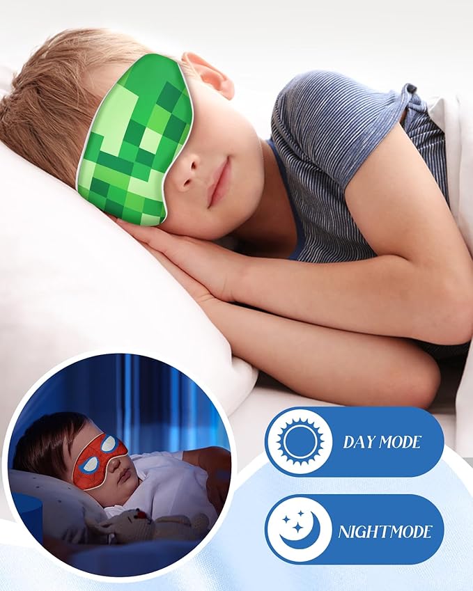 Sleep Mask for Kids - Cute Kawaii Cartoon Silk Sleeping Mask with Adjustable Strap Soft Smooth Light Eye Mask for Sleeping Silk Kids Eye Cover for Boys Girls Teens, Green Grid World - Bloomnest