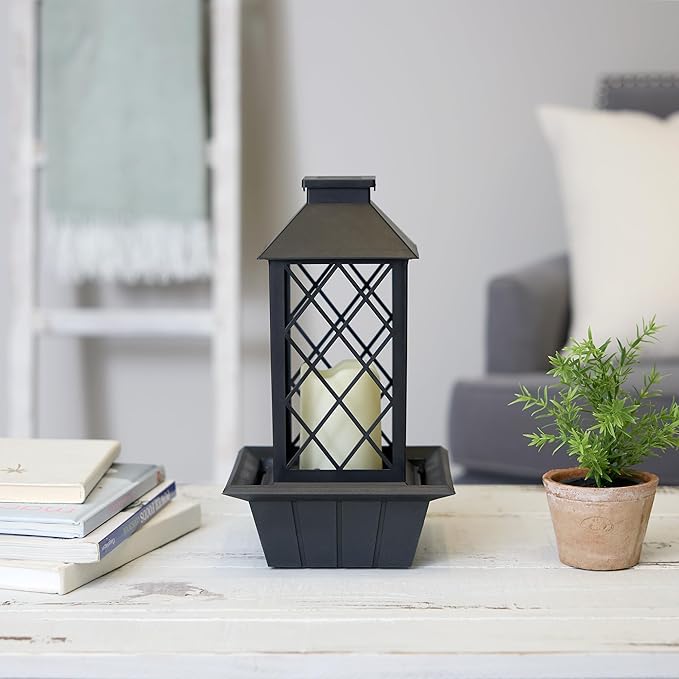 Zingz & Thingz Water Feature Tabletop Fountain Candle Lantern, Decorative Light Home Decor, 13.5" Tall, Black - Bloomnest