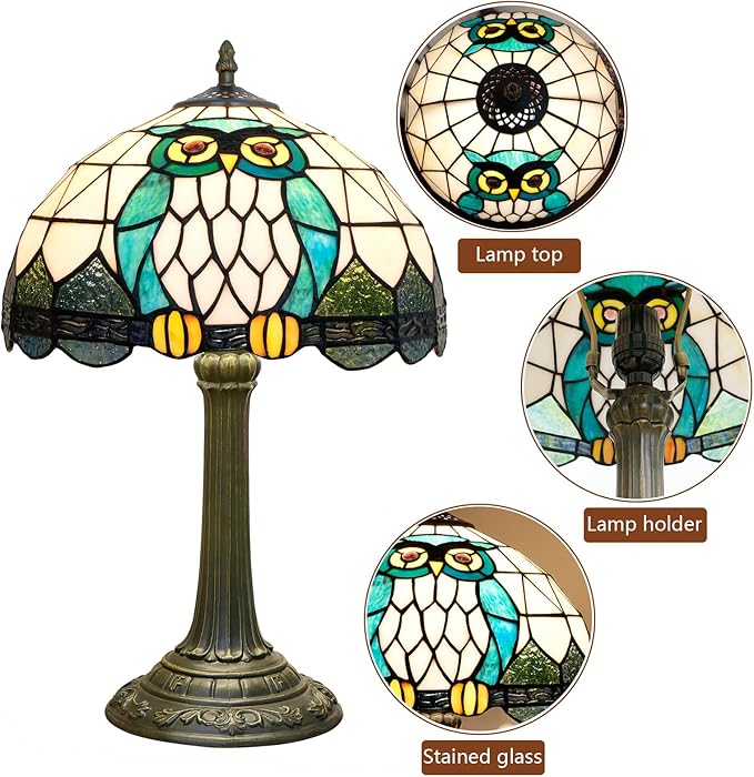 Tiffany Lamp Owl Animal Style Stained Glass Table Lamp Vintage Bedroom Bedside Light for Home Dorm Office Art Craft Antique Decor Accent Aesthetic Nightstand Reading Light 12x12x19 Inches - Bloomnest