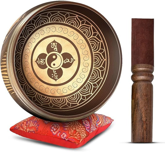 Tibetan Singing Bowl Set - Easy To Play Authentic Handcrafted For Meditation Sound Chakra Yoga Healing 4 Inches By Himalayan Bazaar (Brown and Maroon)
