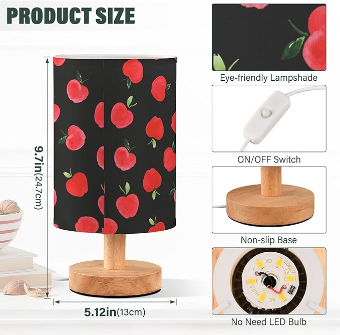Table Lamp Watercolor Red Apple Pattern Black Nightstand Lamp with Wood Base Fabric Lamp Shade Bedside Desk Lamp for Living Room Bedroom Kids Room Office - Bloomnest
