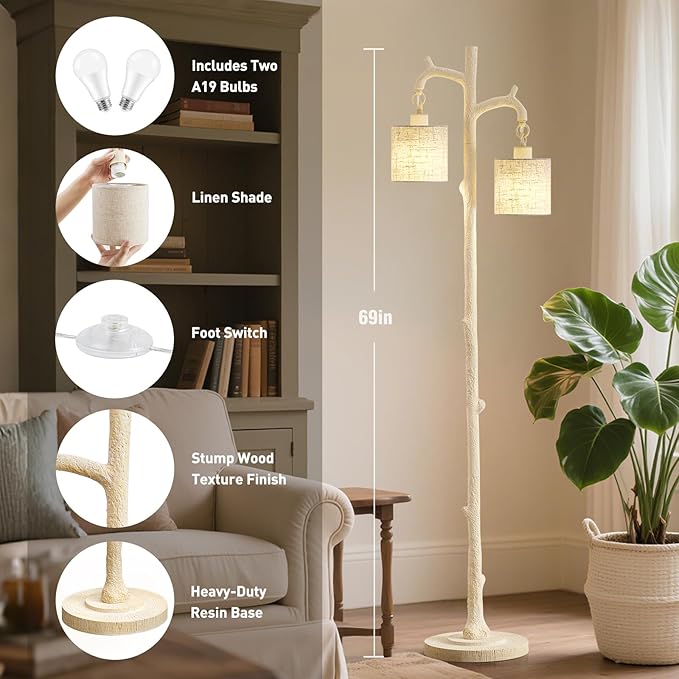 Rustic Floor Lamp for Living Room - Newly Upgraded Heavy-Duty Resin Base Farmhouse Floor Lamp with 2 Country Vintage Reading Light - Standing Tall Lamps for Bedroom Office Home Decor (Almond White) - Bloomnest