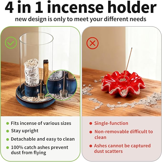 Incense Holder for Sticks with Glass Ash Catcher, Anti-Ash Flying, 4 in 1 Incense Burner Palo Santo Holder Insence-Stick Holder and Candle Holder for Burning Sage and Sticks for Burning - Bloomnest