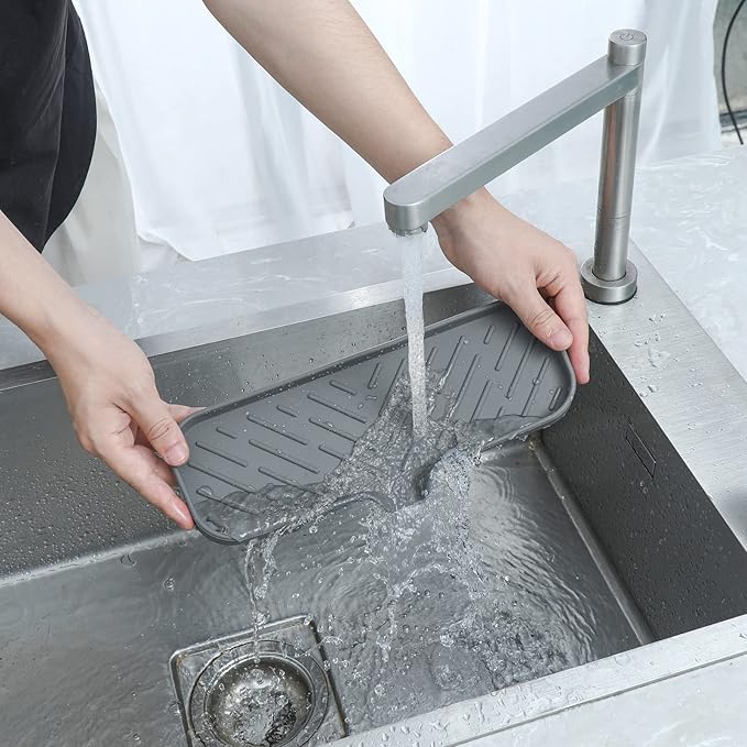 Silicone Bathroom Soap Dishes with Drain Spout-Bathroom and Kitchen Sink Organizer,Sponge Holder,Dish Soap Tray,Perfect for Dispenser,Scrubber,Bottle,Cup on Sink or Counter-Grey 12"×4" - Bloomnest