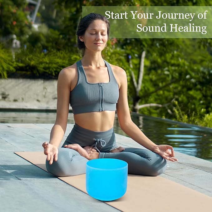 432HZ 8 Inchs G Note Blue Frosted Crystal Singing Bowl for Meditation Healing Yoga Chakra Quartz Crystal Sound Bowls with Heavy Duty Carry Case and Rubber Mallet,Suede Striker,O-rings - Bloomnest