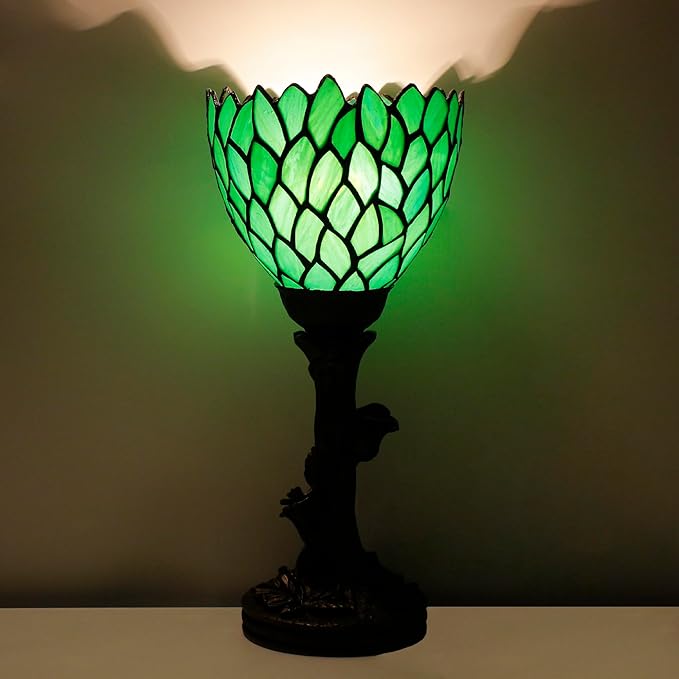 Small Tiffany Lamp Mini Stained Glass Table Lamp Green Wisteria Accent Desk Uplight W6 H13.5 Inch Bronze Resin Base - Bloomnest