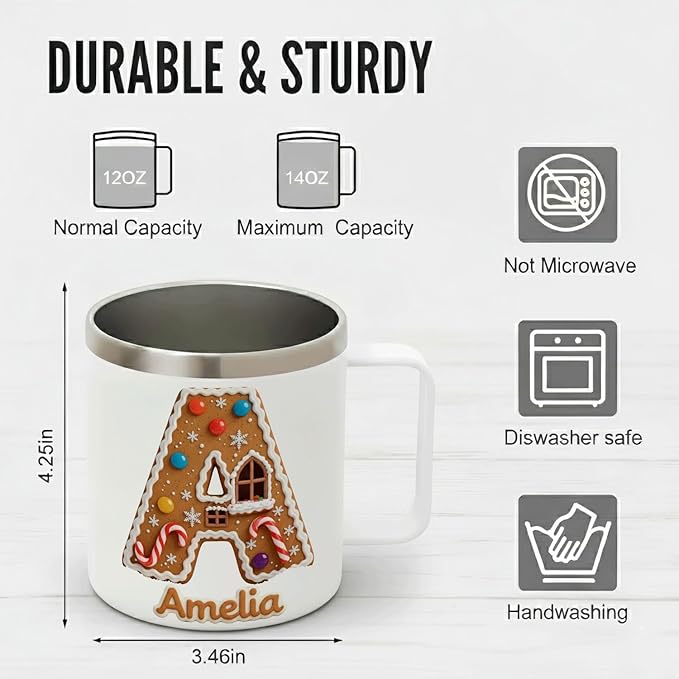 Personalized Christmas Mug | Custom Gingerbread House Initial Insulated Coffee Cup with Handle & Lid | 12oz Holiday Tumbler, Cute Baking & Stocking Stuffer Gift (B17) - Bloomnest