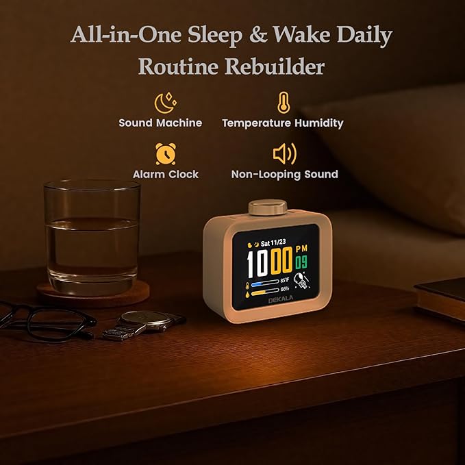 Dekala AuraDot White Noise Sound Machine for Sleep w/Temperature Humidity Monitor, 30 Non-Loop Soothing Sounds, Timer/Play All Night, IPS Screen Sleep Animation, 7-Day Programmable 4 Alarm Clock