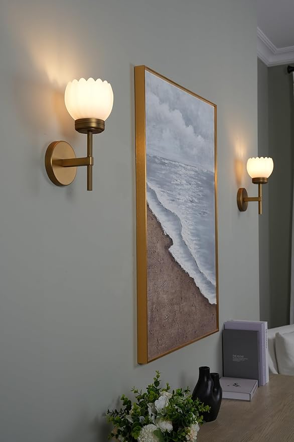 Yosoan Brass Boho Indoor Vintage Wall Sconce Set of 2, Modern Vanity Gold Industrial Hardwired Wall Mounted with Milk Transparent Tulip Flower Shade for Living Room Bedroom Kitchen Hallway(Antique) - Bloomnest