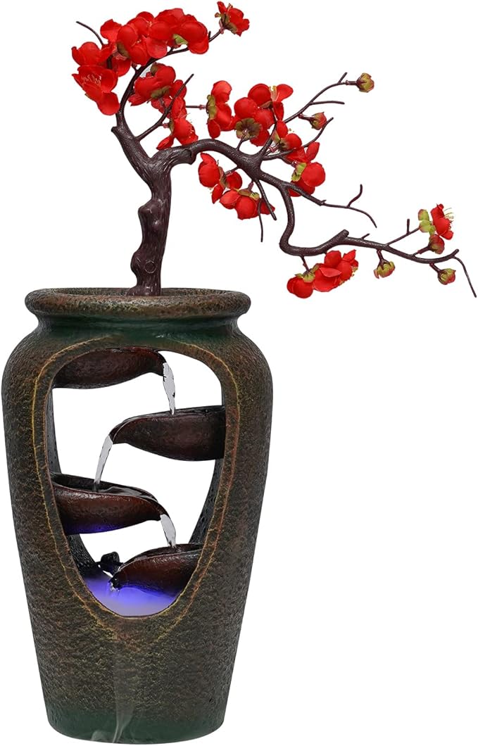 20" Flower Vase Style Bonsai Waterfall Fountain Tabletop Decorative Waterfall with LED Lights and Atomizer, Desktop Water Fountains for Living Room, Cafe Or Office - Bloomnest