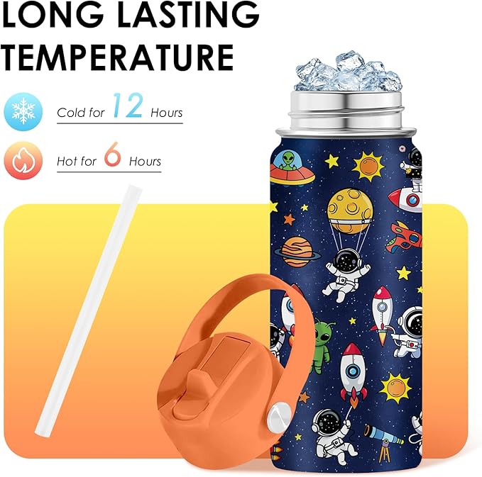 Space Astronomy Gifts for Kids - 16 Oz Kids Water Bottle with Straw Lid, Stainless Steel Insulated Tumbler, Leak Proof, BPA-Free, for Boys, School, Travel - Universe Children Birthday Gifts Cups(1pc) - Bloomnest