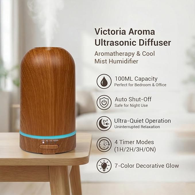 Ultrasonic Essential Oil Diffuser 100ML - Cool Mist Humidifier, 7-Color LED Lights, 3 Timer & Auto Shut-Off, Ideal Gift for Home Bedroom Office (Wood Brown) - Bloomnest