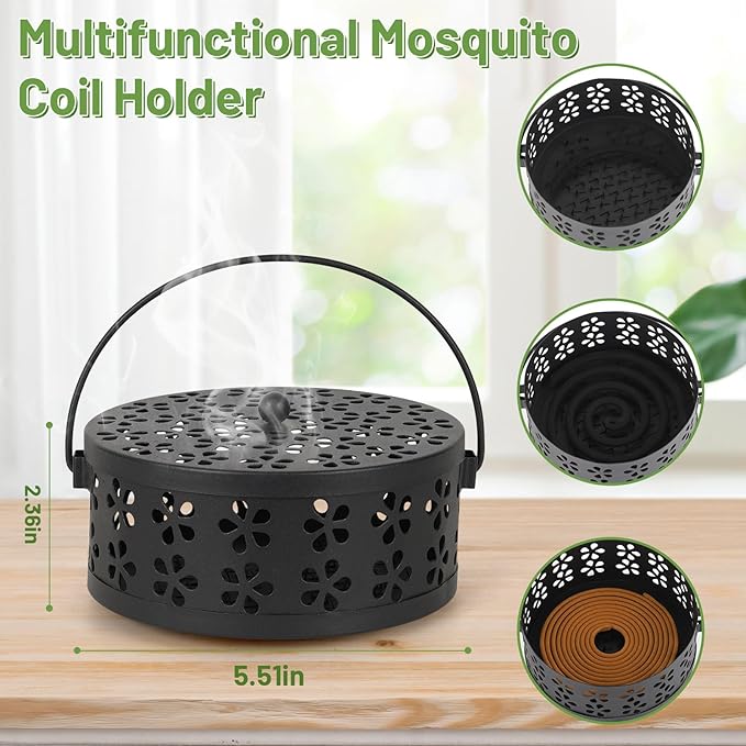 Portable Iron Mosquito Coil Holder with Handle Round Heat-Resistant Incense Holder (Black) - Bloomnest
