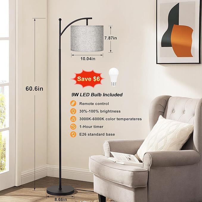60" Floor Lamps with Remote Control & Bulb, Colors Temperature & Brightness Adjustable, Gray Shade & Black Pole - Bloomnest