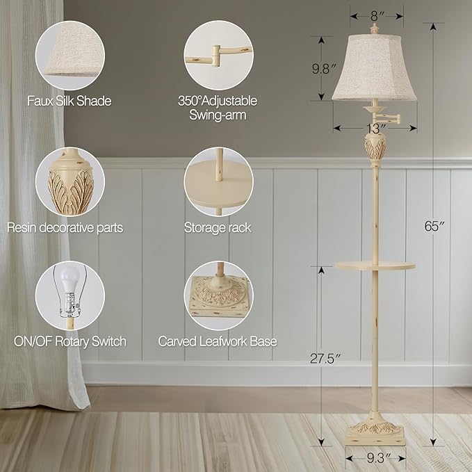 Traditional LED Floor Lamp with 350° Adjustable Swing Arm Lamp – Vintage Standing Pole lamp for Living Room, Bedroom and Office – Rustic Upright Floor Light for Home Décor with Silk Fabric Shade - Bloomnest