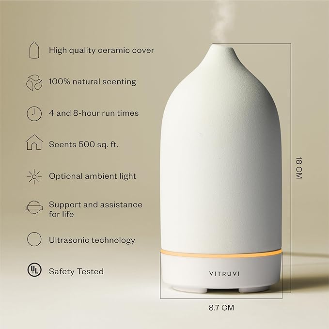 Vitruvi Stone Diffuser, Ceramic Ultrasonic Essential Oil Diffuser for Aromatherapy | Ceramic Diffuser, Diffusers for Home, Oil Diffuser, Housewarming Gift, Original Diffuser | White, 90ml Capacity