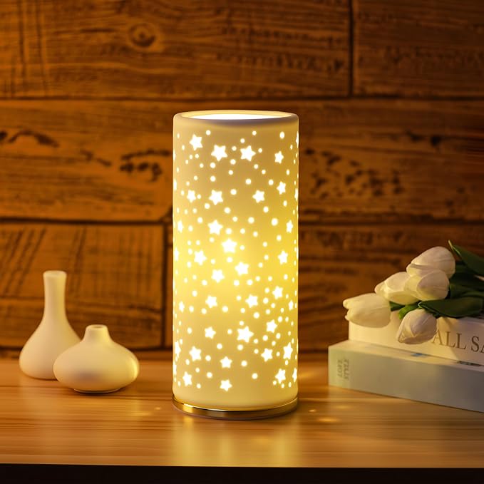 Small Modern Ceramics Bedside Table Lamp, 4.5 x 4.5 x 11 Inch White Starlight Style Nightstand Lamps, Side Table Lamps for Bedroom Living Room Entryway Table Light