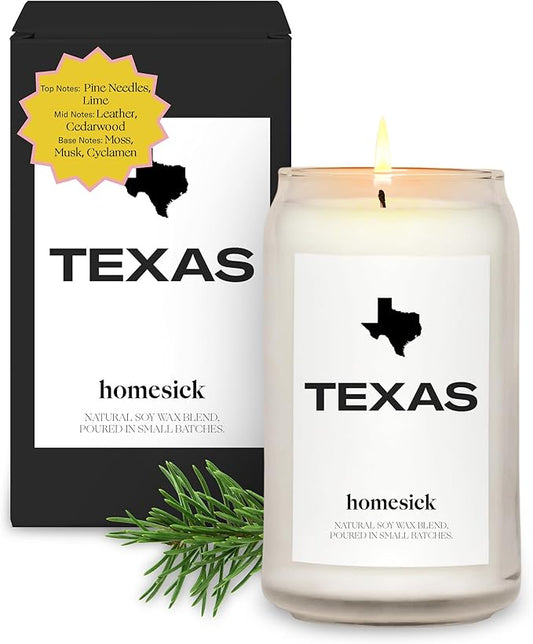 Homesick Scented Candles for Home (Texas) - 13.75 oz Long-Lasting Soy Wax Jar Candle for Women & Men for All Occasions, 60-80 Hours Burn Time - Notes of Pine Needles & Lime - Bloomnest