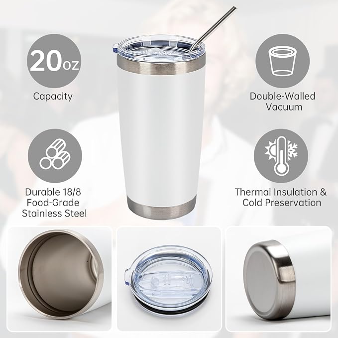 IEOVIEE 32 Pack, 20oz Stainless Steel Bulk Tumblers with Lids and Straws, Double Wall Insulated Travel Mug, Durable Powder Coated Tumbler Bulk Cup for Cold and Hot Drinks(White) - Bloomnest