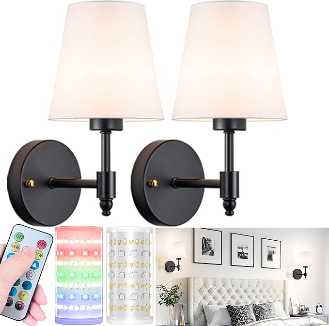 Battery Operated Wall Sconces Set Of Two, Wireless Battery Wall Light With 10000mAh RGB Rechargeable Magnetic Bulb, Rechargeable Wall Sconce With Remote Control For Bedroom, No Electrician Required - Bloomnest