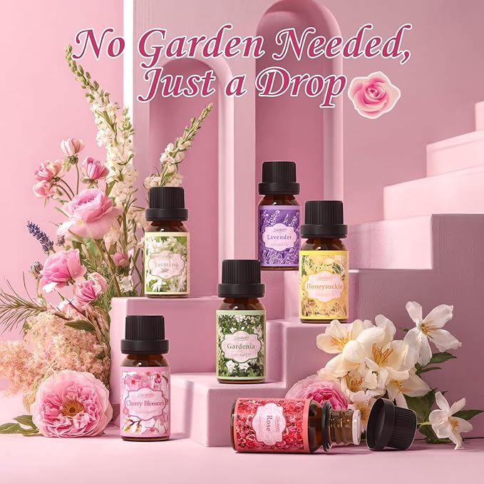 SALUBRITO Floral Fragrance Oils Set, Essential Oils for Diffuser & Candle Making Scents, 6x10ml Aromatherapy Oils Gift Set - Jasmine, Lavender, Rose, Gardenia, Cherry Blossom, Honeysuckle Oil - Bloomnest