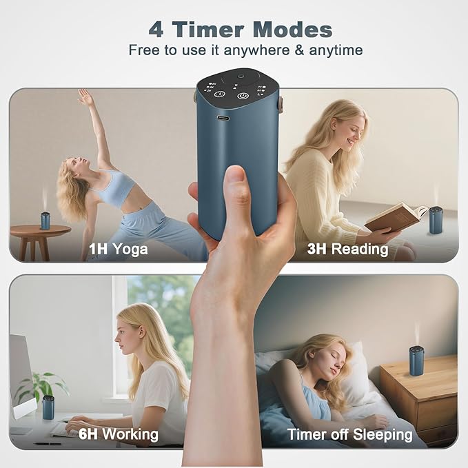 Waterless Essential Oil Diffuser for Car & Home, Aromatherapy Diffuser with 4 Timer (1/3/6/Off), 3 Mist Mode, Battery Operated, Air Scent Diffuser for Bathroom Office, Small Aroma Diffuser Greyblue - Bloomnest