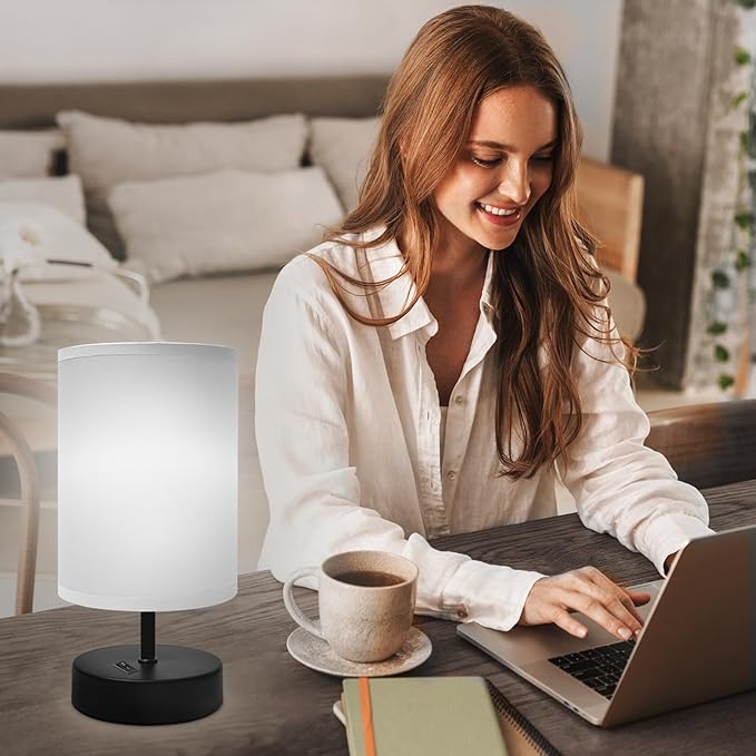Small Bedside Lamp - Minimalist Table Lamp with Round Gray Fabric Shade - 9 Inch Desk Reading Lamp for Bedroom, Dorm, Living Room, Office - 1 Pack - Bloomnest