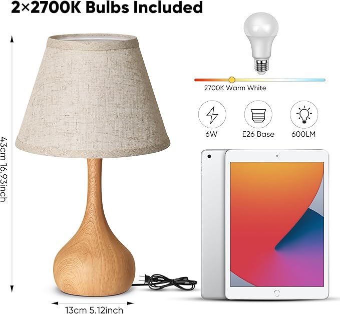 Touch Table Lamp for Bedroom Set of 2, 3-Way Dimmable Bedside Lamp for Nightstand, 17” Rustic Metal Desk Lamp with Linen Shade for Living Room, Kids Reading, Dorm, Home Office Decor, Bulb Included - Bloomnest