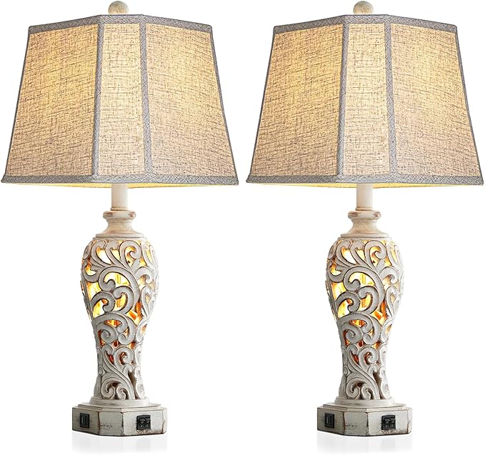 Set of 2 Rustic Table Lamps for Living Room Bedroom, Farmhouse Vintage Nightstand Lamp with 2 USB Ports, Hollow Out Resin Lamp for End Table with Nightlight, Bulbs Included (Wash White) - Bloomnest