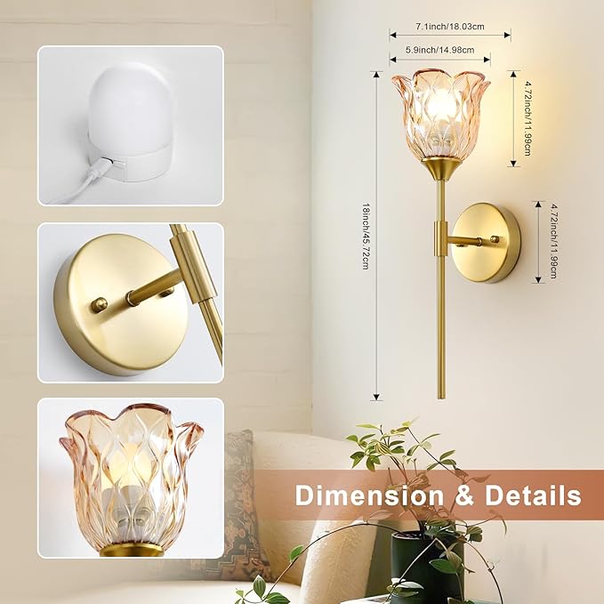2 Pack Vintage Battery Operated Wall Sconce with Amber Glass Lampshade, Wireless Rechargeable Battery Powered RGB Wall Light with Remote Control, for Bedside Bedroom Doorway - Bloomnest
