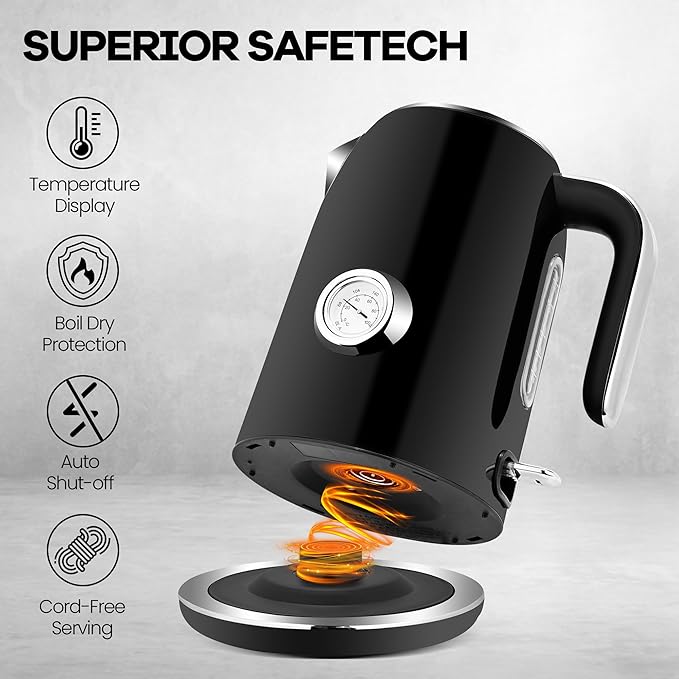 PUKOMC Electric Kettle, 1.7L Stainless Steel Tea Kettle with Temperature Gauge, 1500W Water Boiler with LED Light, BPA-Free, Auto Shut-Off and Boil-Dry Protection (Black) - Bloomnest