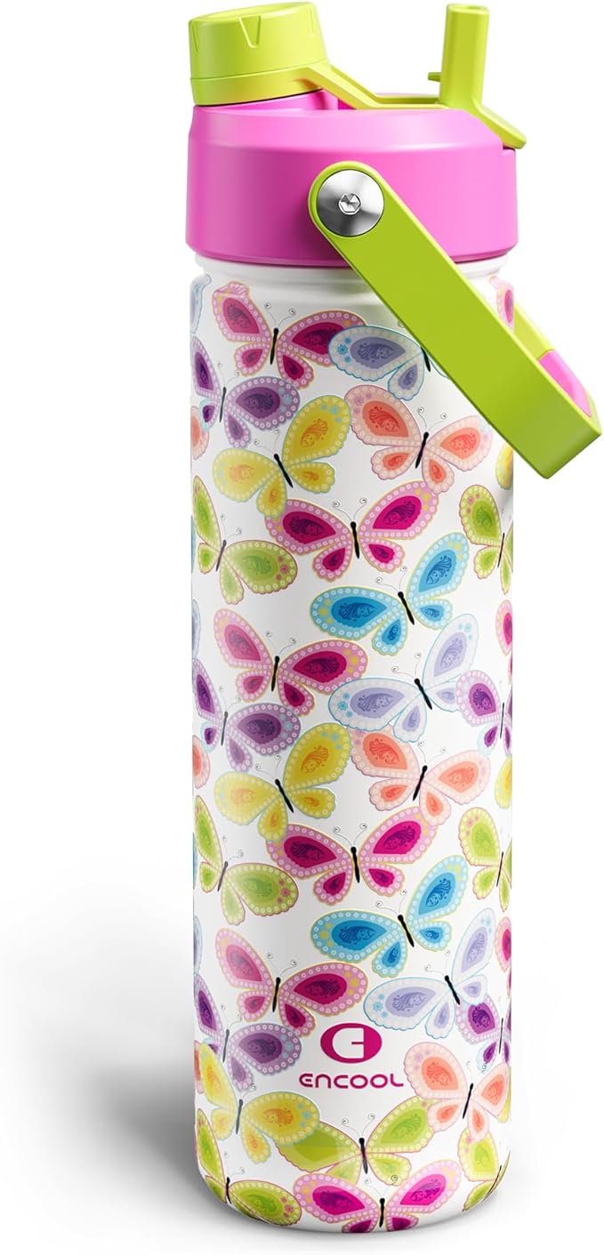ENCOOL Insulated Water Bottle with Straw Stainless Steel Water Bottle, Leak-Proof, BPA-Free, Double Wall Vacuum Keeps Cold for 24 Hours for Sports, Travel, School (26 oz, Rainbow Butterfly) ENCOOL