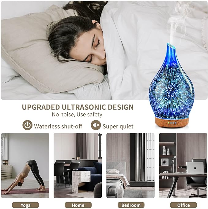 Porseme Essential Oil Diffuser 3D Glass Aromatherapy Ultrasonic Humidifier, Air Refresh Auto Shut-Off, Timer Setting, BPA Free for Home Hotel Yoga Leisure SPA Gift 100ml Last 4h Porseme