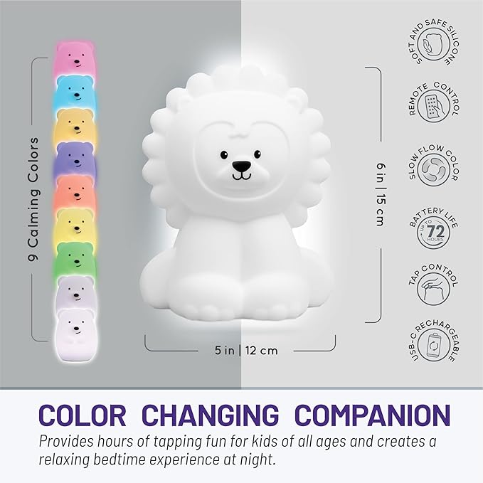 Lumipets Remote Control Silicone Night Light for Kids - Lion Design with 9 Soft Colors & Sleep Timer - Rechargeable, Battery-Operated Lamp for Bedroom | Baby Nursery, Toddler, Girls, Boys - Bloomnest