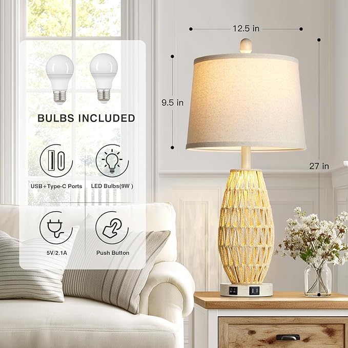 27“ Beige Rattan Table Lamps with Night Light, Boho Bedside Lamps Set of 2, Woven Wicker Bedroom Lamp for Nightstand with USB A+C Charging Port & AC Outlet, Tall Coastal Living Room Lamp - Bloomnest