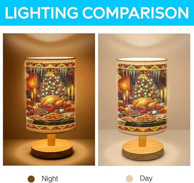 Christmas Feast Table Lamp LED 3-Color Pressed Bedside for Merry Christmas, Christmas Feast Shade Christmas Table Lamp with Wood Base for Bedroom Living Room Desk Office - Bloomnest