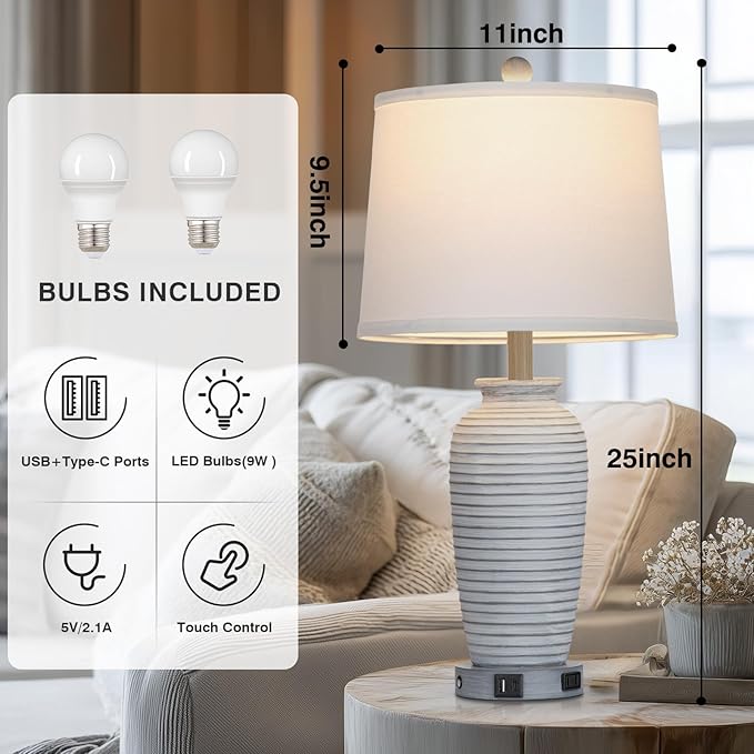 25" Vintage Farmhouse Jar Table Lamps, Single Rustic Bedside Lamp with USB A+C Ports & AC Outlet, Nightstand Lamps for Living Room, Bedroom, End Table, Grey White(LED Bulb Included) - Bloomnest