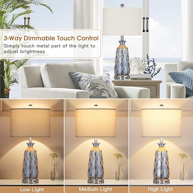 25.5" Coastal Glass Table Lamps Set of 2, 3-Way Dimmable Touch Control Bedside Lamps with 2 USB Ports and AC Outlet, Blue Nautical Nightstand Lamps for Bedroom Living Room (LED Bulbs Included) - Bloomnest