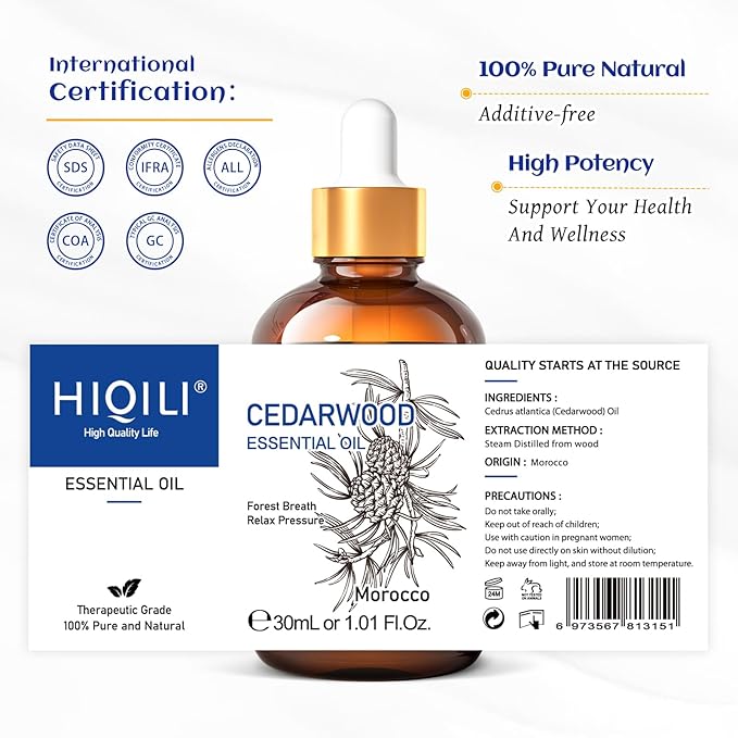 HIQILI 1 Fl Oz Cedarwood Essential Oil, Pure Natural Cedarwood Oil for Hair, Diffuser, Aromatherapy - 30ML - Bloomnest