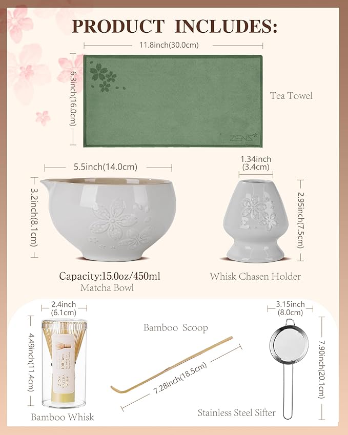 ZENS Matcha Whisk Set, Ceramic Matcha Set Includes 15oz Sakura Bowl, Bamboo Whisk & Chasen Holder, Scoop & Sifter-Tea Towel, 6pcs Matcha Kit for Matcha Lovers, White - Bloomnest