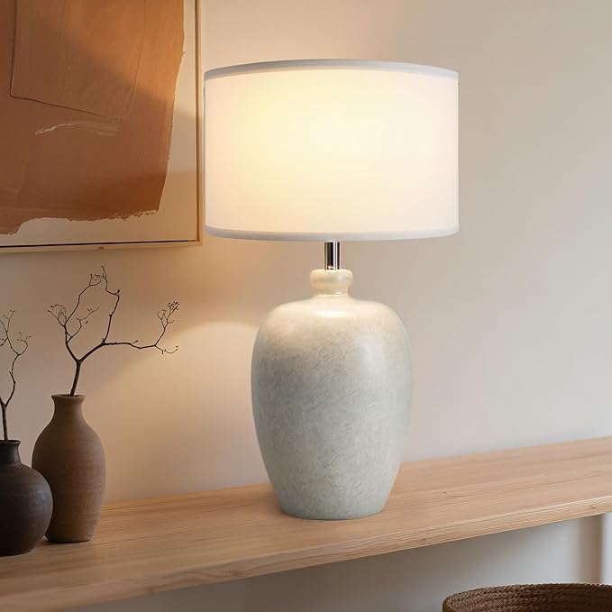 WJShome 27" Farmhouse Ceramic Table Lamp with Unique Ice Pattern Effect and White Linen Shade - Perfect for Bedroom, Living Room, Dining, and Office! (Bulb Not Included) - Bloomnest