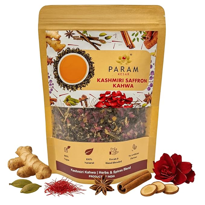 Param Kesar Organic Saffron Cardamom Cinnamon Herbal Green Tea | Detox & Digestive Support | Aromatic Indian Spice Blend with Rose & Licorice | 100g Loose Leaf Tea - Bloomnest
