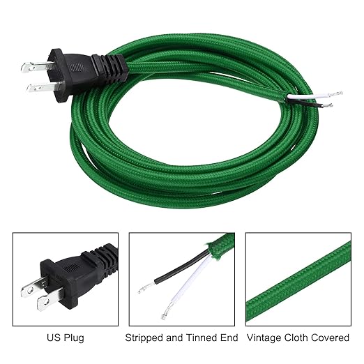 uxcell 8Ft 18/2 Cloth Covered Lamp Cord with Plug, Vintage Electrical Lamp Cord with Stripped Ends for Extension Wiring DIY Repairing, Green