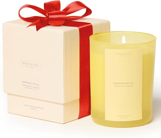 Bergamot & Jasmine Scented Candle | 11oz, 60 Hour Burn | Natural Soy Wax, Cotton Wick | Holiday Candles | Christmas Scented Candles for Home | Benevolence LA Sun-Kissed Collection - Morning Ritual - Bloomnest