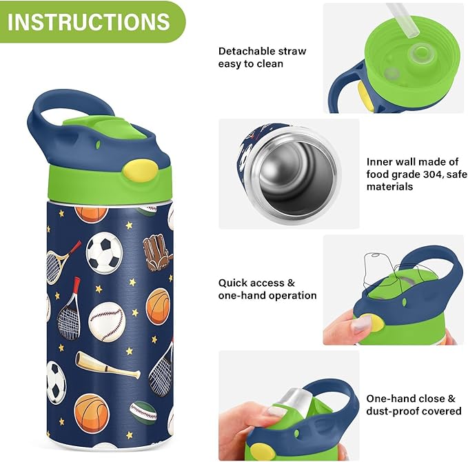Soccer Basketball Tennis Kids Water Bottle with Straw Lid Insulated Tumbler with Handle Stainless Steel Reusable Toddlers Cup for Kids Boys 12 oz - Bloomnest