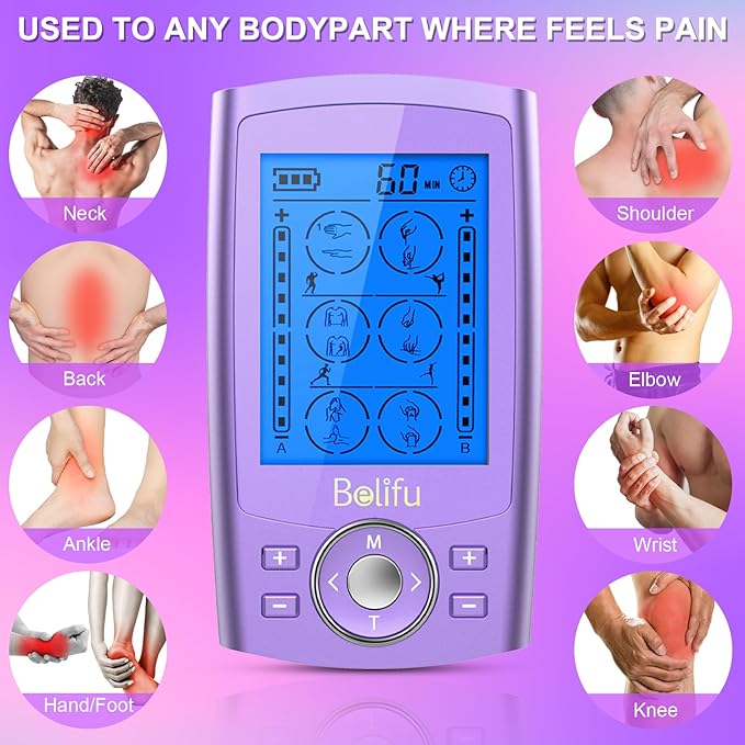 Belfiu TENS & PMS 24 Modes Muscle Stimulator for Pain Relief Therapy, Electronic Pulse Massager Muscle Massager with 10 Pads, Dust-Proof Drawstring Storage Bag, Fastening Cable Ties Belifu