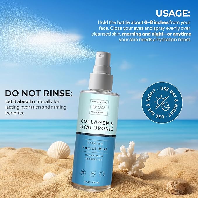 Clear Beauty Hyaluronic Acid & Collagen Face Mist - Dermatologist Tested, Moisturizes & Tones Skin, Anti-Aging, Natural Ingredients, Cruelty-Free Korean Skin Care - All Skin Types - 4 OZ (2 Pack) - Bloomnest